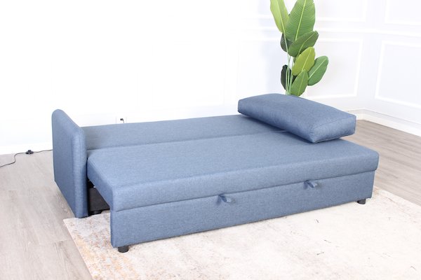 Sofa giường 3S STELLA, chân gỗ tự nhiên, vải polyester màu xanh dương