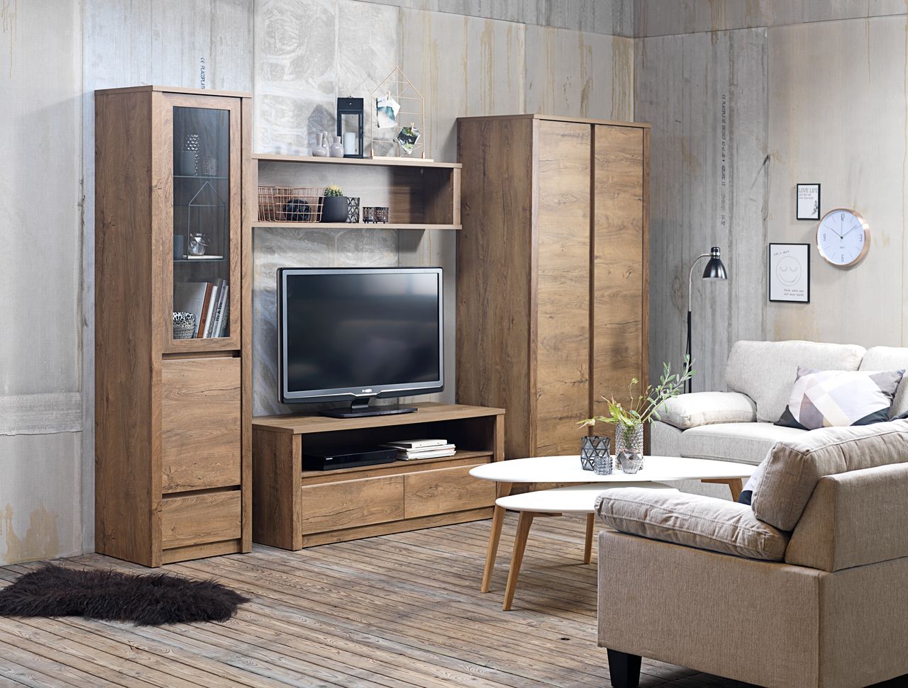 Mẫu căn hộ phong cách Scandinavian với sofa chữ L và kệ tivi gỗ hiện đại