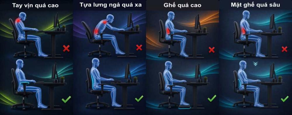 Một chiếc ghế văn ph&ograve;ng th&ocirc;ng thường nhanh ch&oacute;ng bộc lộ điểm yếu g&acirc;y đau mỏi v&ugrave;ng thắt lưng v&agrave; cổ vai g&aacute;y.
