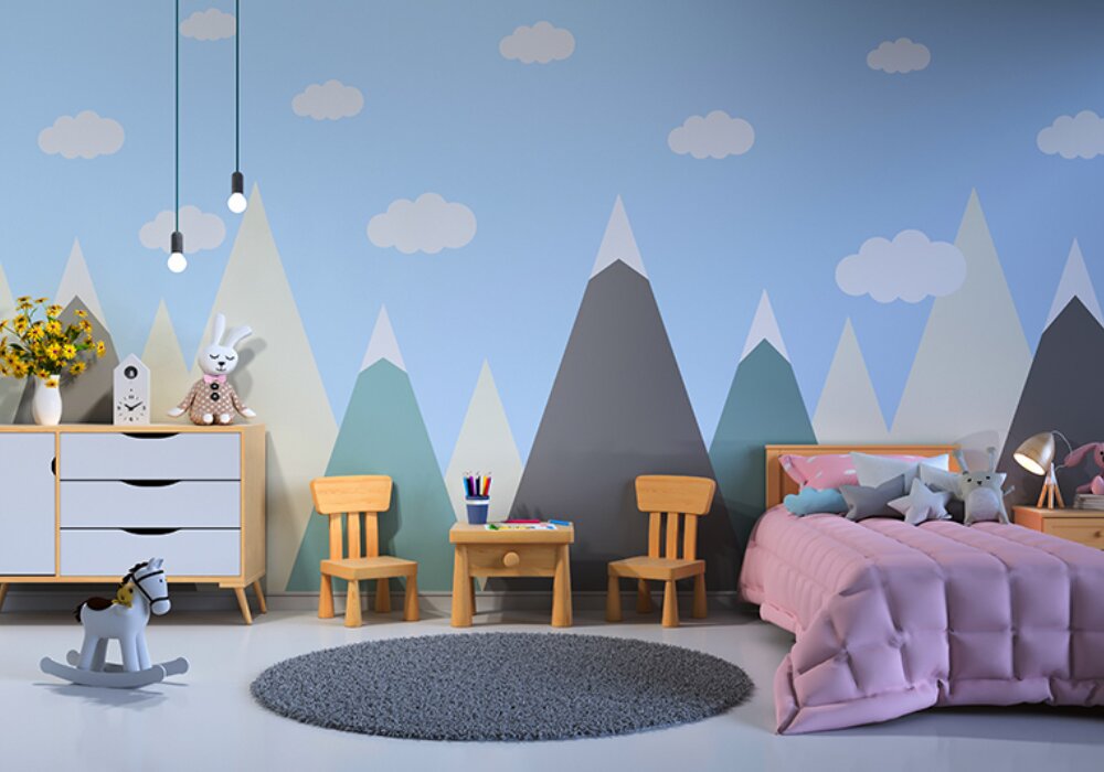 Mẫu ph&ograve;ng ngủ được trang tr&iacute; giấy d&aacute;n tường gam m&agrave;u xanh dương