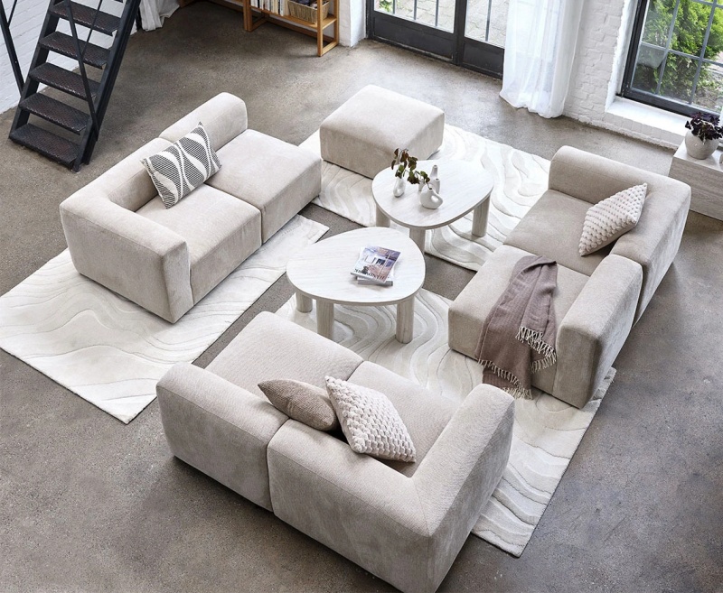 Ghế sofa kết hợp cùng thảm phòng khách tạo nên vẻ đẹp hiện đại