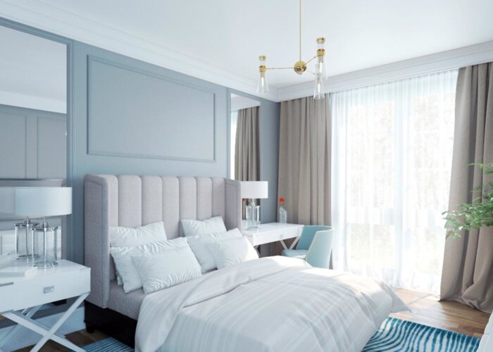 Ph&ograve;ng&nbsp;ngủ nhỏ nhắn với tường m&agrave;u xanh dương nhạt