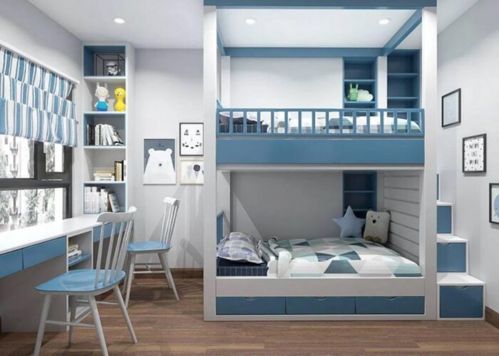 Mẫu thiết kế ph&ograve;ng ngủ xanh dương phối trắng nhẹ nh&agrave;ng, bắt mắt 