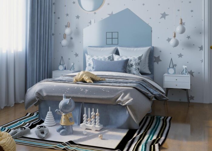 Ph&ograve;ng ngủ sử dụng giấy d&aacute;n tường m&agrave;u xanh dương với&nbsp;c&aacute;c họa tiết