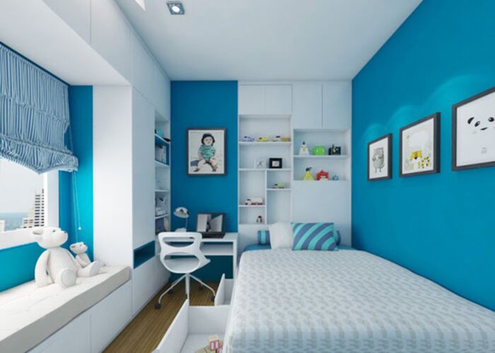 Trang tr&iacute; ph&ograve;ng ngủ với m&agrave;u xanh nước biển tạo cảm gi&aacute;c y&ecirc;n b&igrave;nh