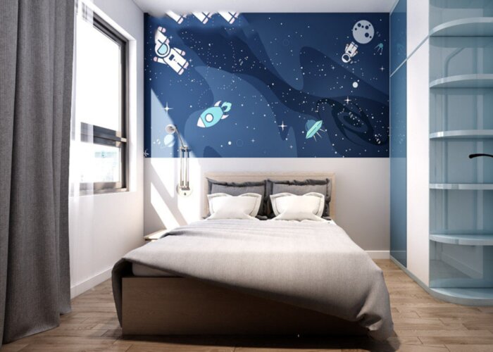 Mẫu ph&ograve;ng ngủ với giấy d&aacute;n tường xanh dương nhạt đơn giản