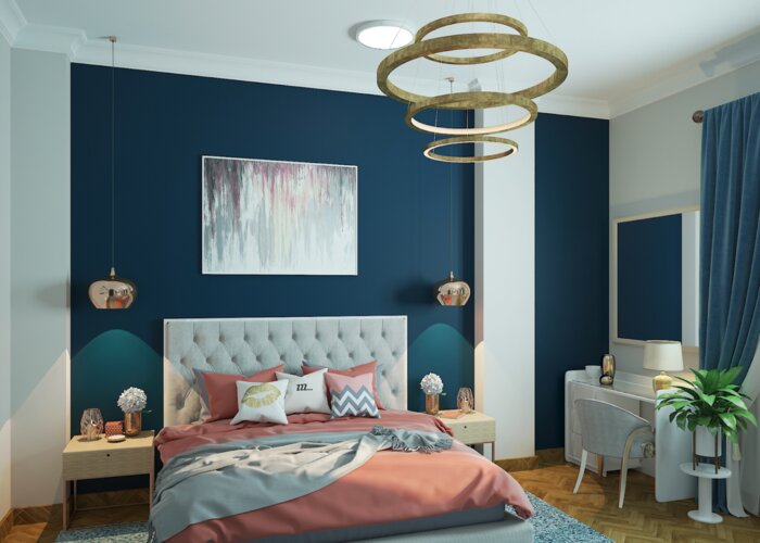 Ph&ograve;ng ngủ xanh navy đậm c&ugrave;ng nội thất phong c&aacute;ch&nbsp;cổ điển