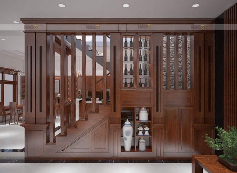 Mẫu vách ngăn cầu thang kết hợp hộc tủ bằng gỗ