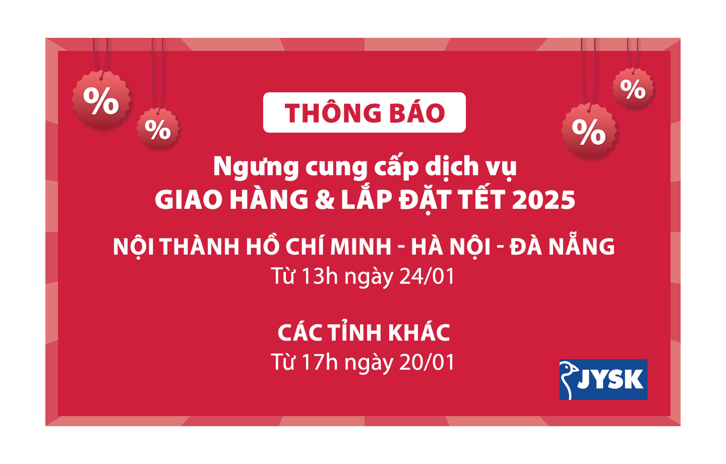 Thông báo lịch nghỉ Tết Nguyên Đán 2025 từ JYSK Việt Nam
