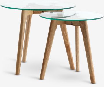 Bộ 2 bàn góc | FALSLED | kính cường lực/gỗ sồi | trong suốt/sồi | Ø50/40xC45/40cm
