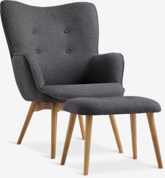 Ghế bành kèm đôn | SKALBORG | polyester/sồi | xám đậm | R72xS80xC99cm