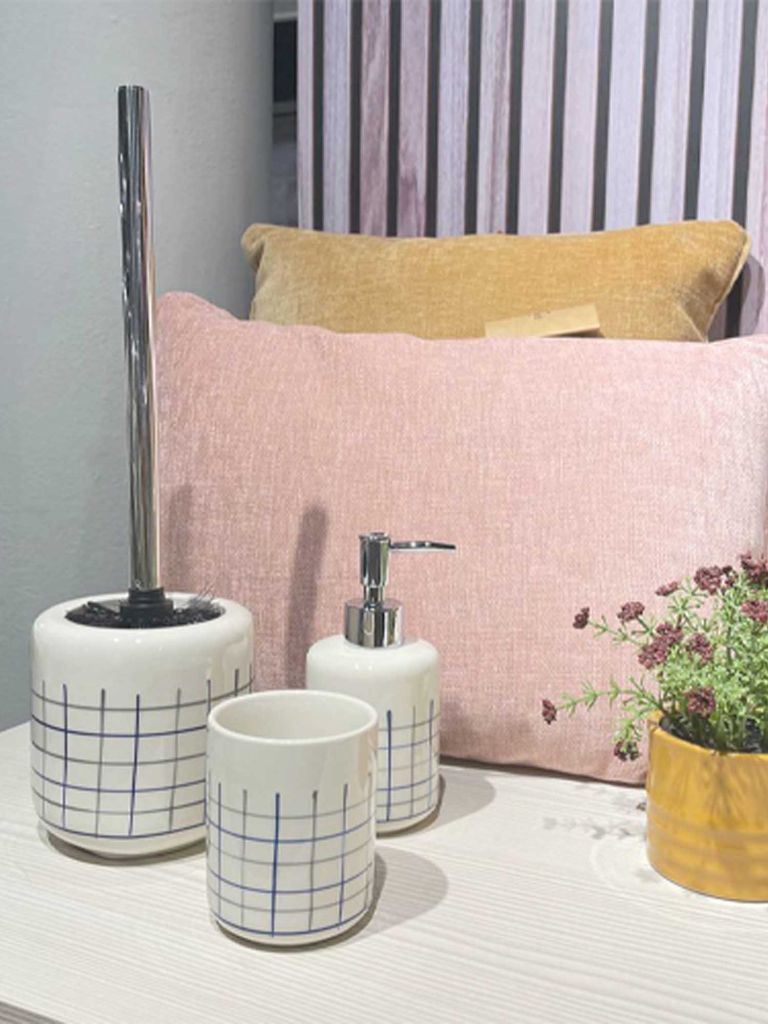 Cốc đựng bàn chải | HELDIG | gốm | kem/sọc xanh | Ø7.5xC9.3cm