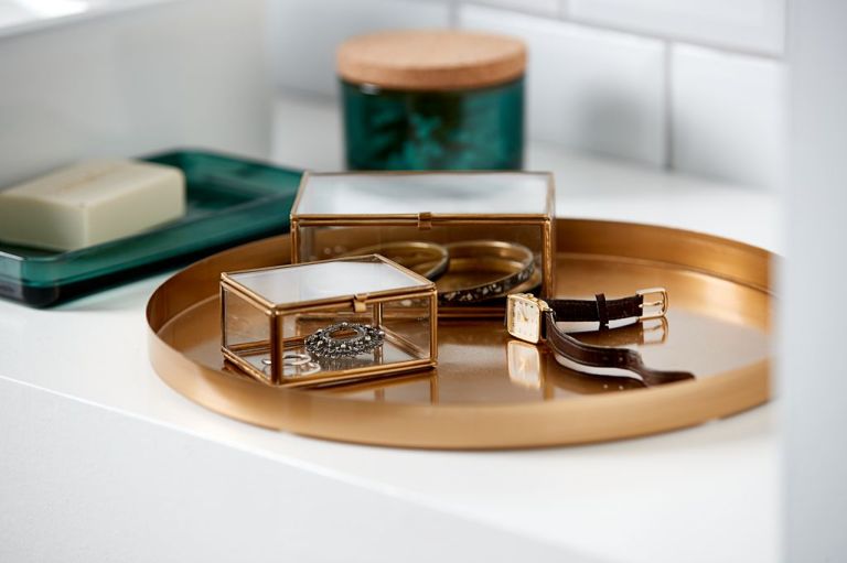 Hộp đựng trang sức | VIKEN | thủy tinh/kim loại | màu đồng | R12/8xD8/6xC5/4cm | bộ 2 chiếc