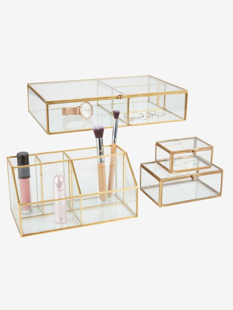 Hộp đựng đồ trang điểm | VIKEN | thủy tinh/đồng | đồng/trong suốt | R9.5xD18xC5/9cm