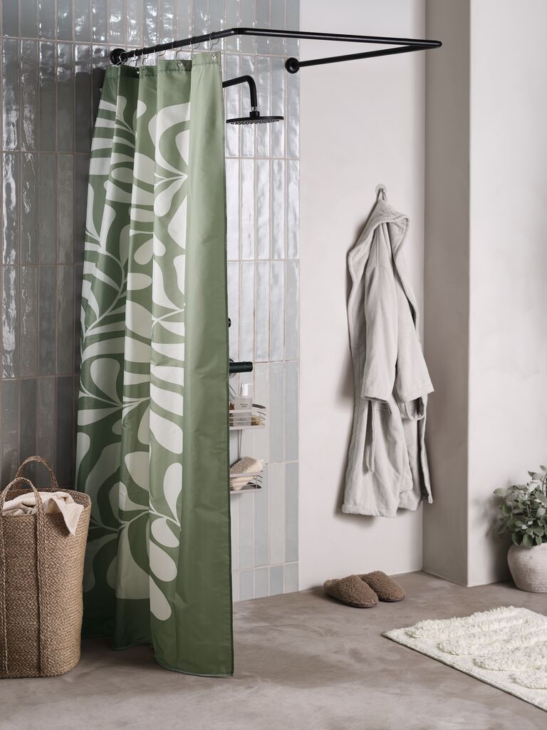 Rèm phòng tắm | BAGGETORP | polyester | xanh olive/xám | R180xD200cm