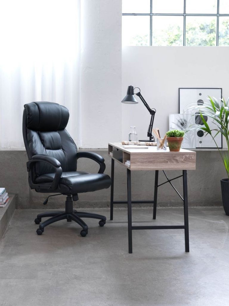 Bàn làm việc | ABBETVED | kim loại/gỗ công nghiệp | đen/màu sồi | R48xD120xC76cm
