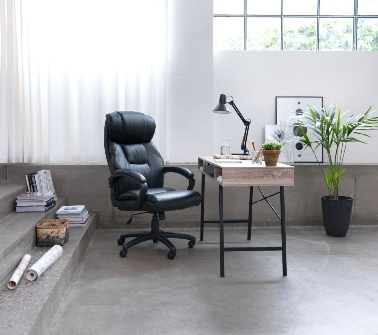 Bàn làm việc | ABBETVED | kim loại/gỗ công nghiệp | đen/màu sồi | R48xD120xC76cm