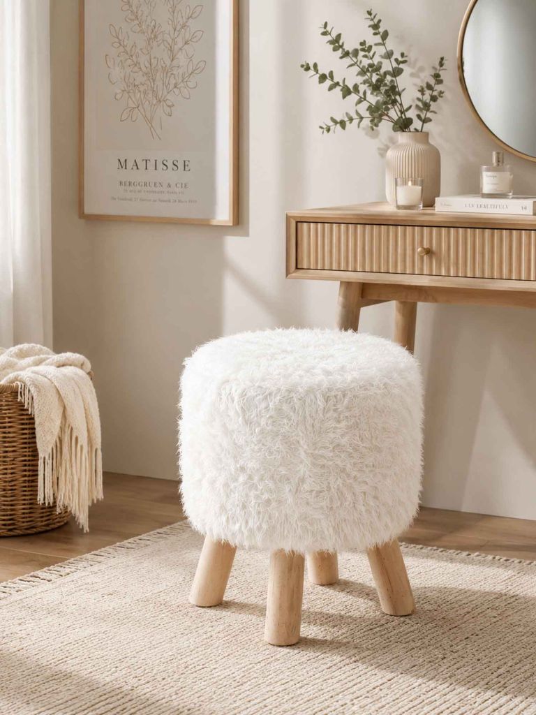 Ghế đôn | VALLEKILDE | polyester/gỗ tự nhiên | trắng | Ø30xC38cm