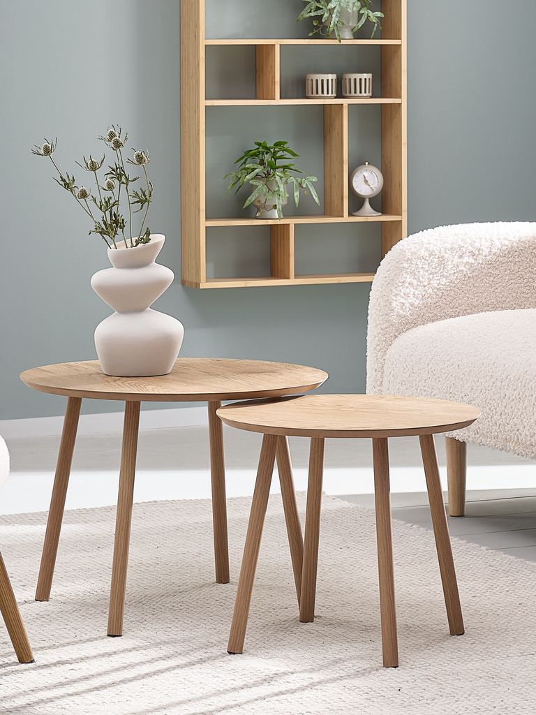 Bộ 2 bàn góc | MUNKEBO | gỗ công nghiệp/kim loại | màu sồi | Ø55/45xC43/40cm
