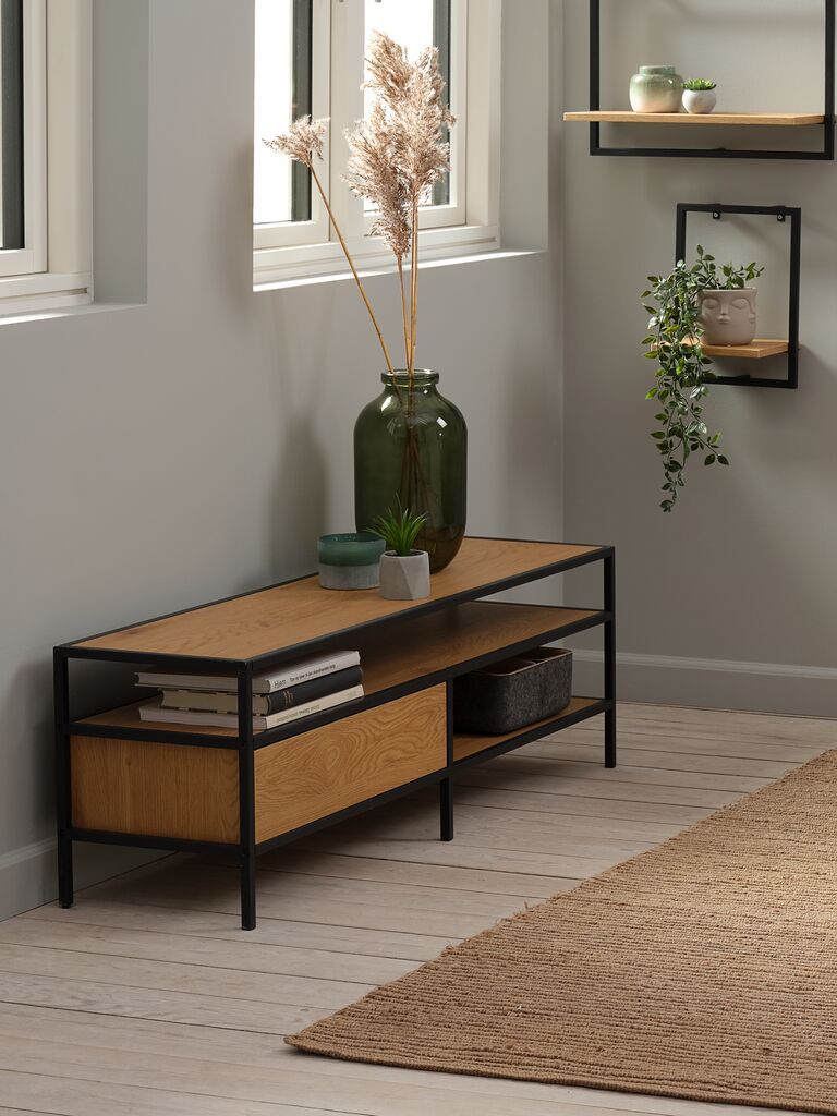 Kệ TV | TRAPPEDAL | kim loại/ gỗ công nghiệp | đen/màu sồi | R120xS33xC40cm