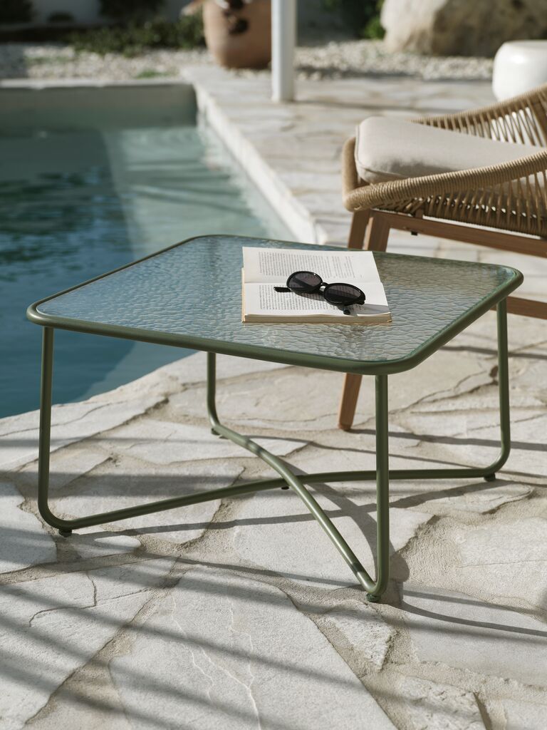 Bàn góc ngoài trời | ORTEN | thép/kính cường lực | xanh olive | R60xD60xC35cm