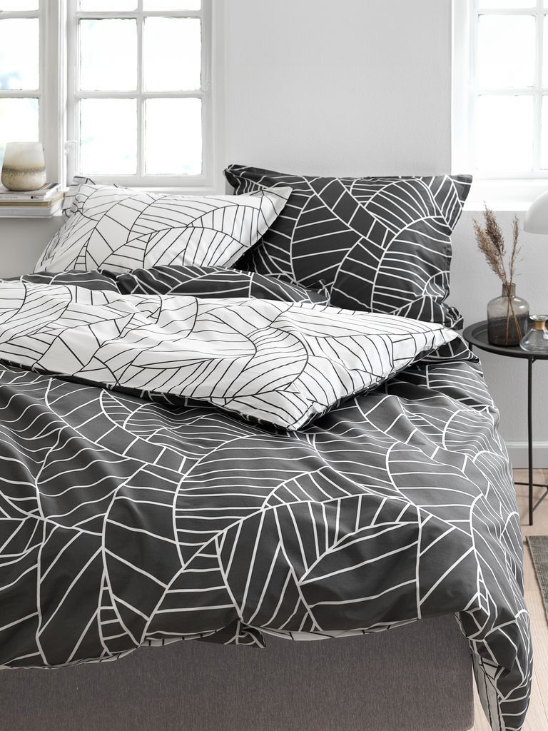 Bộ vỏ chăn gối đôi kèm ga cotton | PAULA | trắng/xám | R200xD220cm/R240xD260cm/R50xD70cm