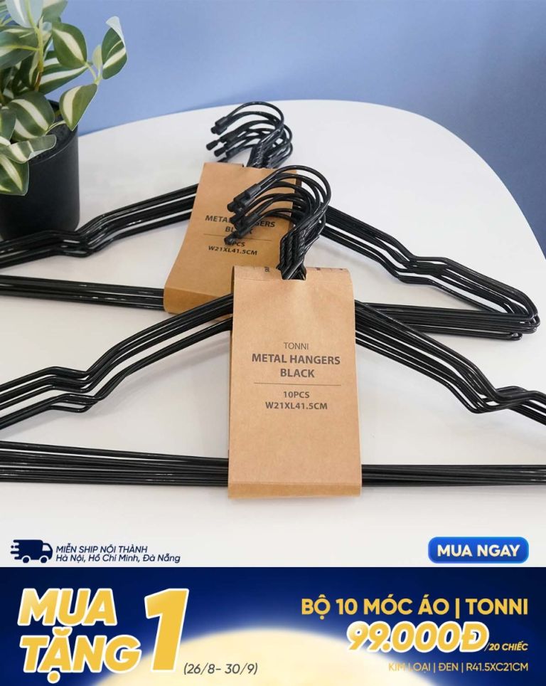 Bộ 10 móc áo | TONNI | kim loại | đen | R43xC21cm