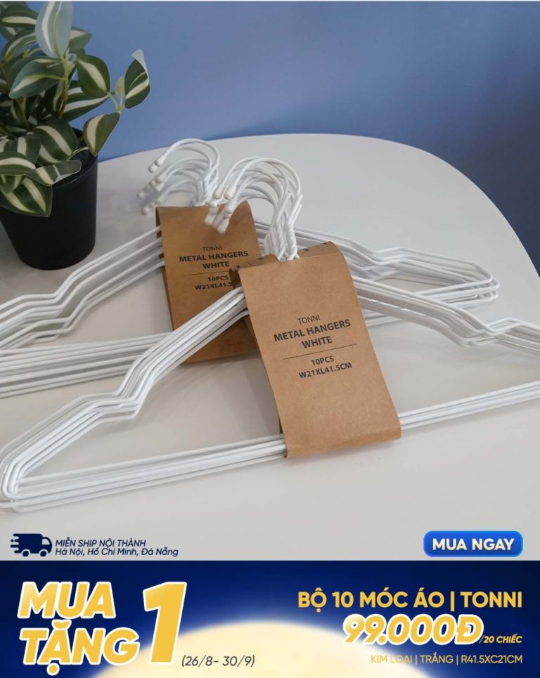 Bộ 10 móc áo | TONNI | kim loại | trắng |  R43xC21cm